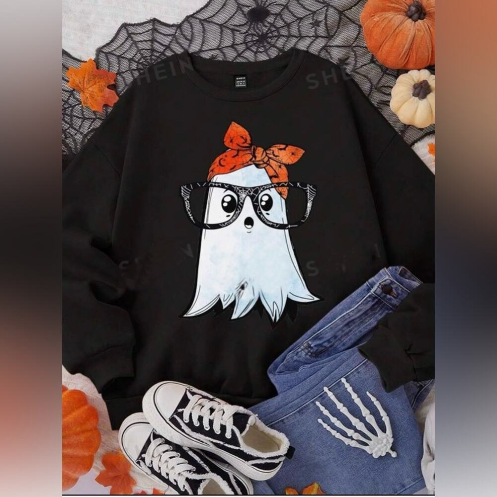 Relaxed Fit Crew Neck Sweatshirt With Pumpkin Ghost & Text Graphic Print. 🧡🖤🧡